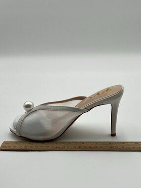 FYS White Pearl Peep Toe Mules Slip on Stiletto High Heels Casual Indoor Sandal